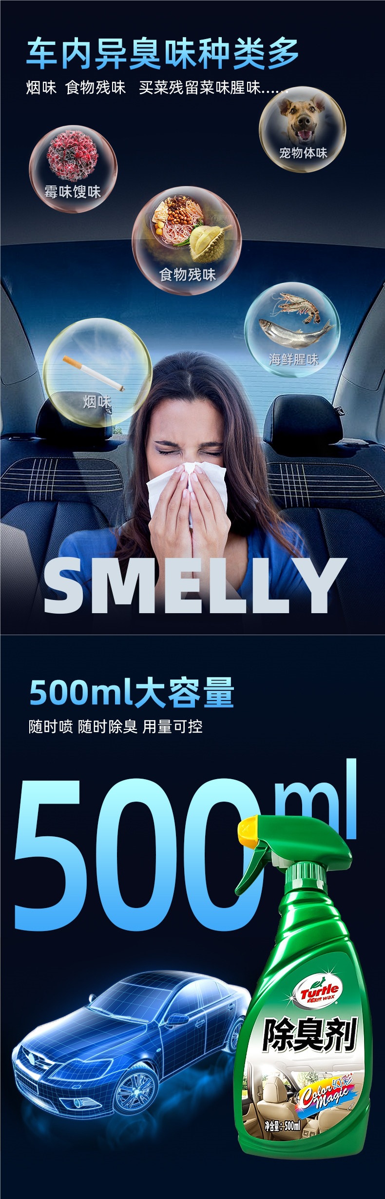 Turtle Brand Car Interior Deodorizer, Car Sterilization and Deodorization Agent, Air Conditioning Purification, Odor Elimination, Fresh Spray Magic Tool