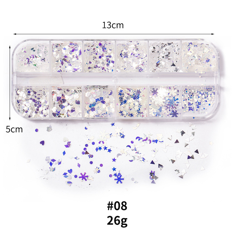 Taifei uñas caja de tira larga lentejuelas 12 rejilla caja de tira larga parche de uñas DIY uñas lentejuelas uñas traje de joyería
