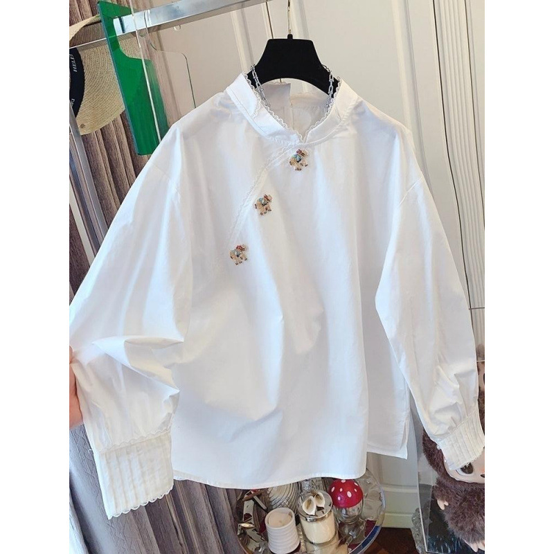 Unique and Stunning New Chinese-Style Beaded Elephant White Long-Sleeve Shirt, Loose Casual Inner Wear Top for Women, Cotton New Model Unique and Stunning New Chinese-Style Beaded Elephant White Long-Sleeve Shirt, Loose Casual Inner Wear Top for Women, Cotton New Model