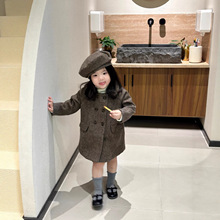 男女童英伦风复古人纹尼翻领中长款气质双排扣夹棉加厚风衣外套