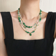 秋冬国风复古天然高品质贝壳绿玉髓白水晶满天星锁骨链项链晚装链