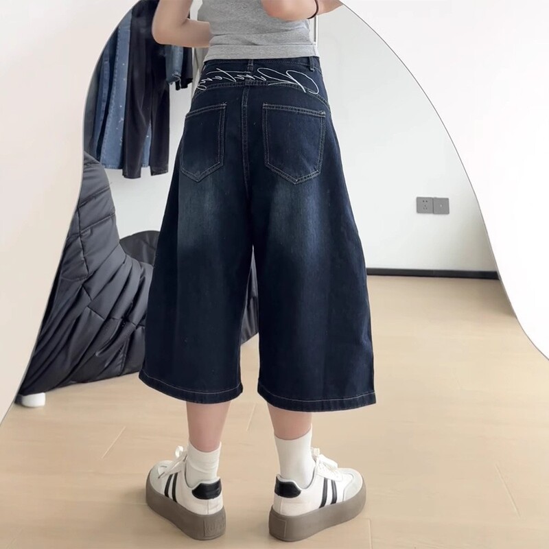 Plus-Size Trendy Design with Embroidered Patchwork Denim Cropped Pants for Women, 2025 Autumn New Loose Scimitar Pants