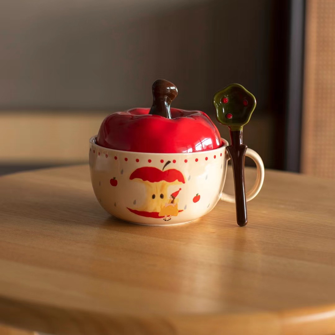Creativo retro manzana de Navidad cerámica bolos de fideos de alto valor facial taza de avena de leche regalo de mano pareja bolos de sopa con cucharas image 4