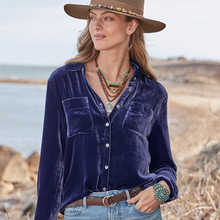 欧美新款金丝绒衬衫女2025亚马逊长袖百搭天鹅绒上衣宽松打底衬衫