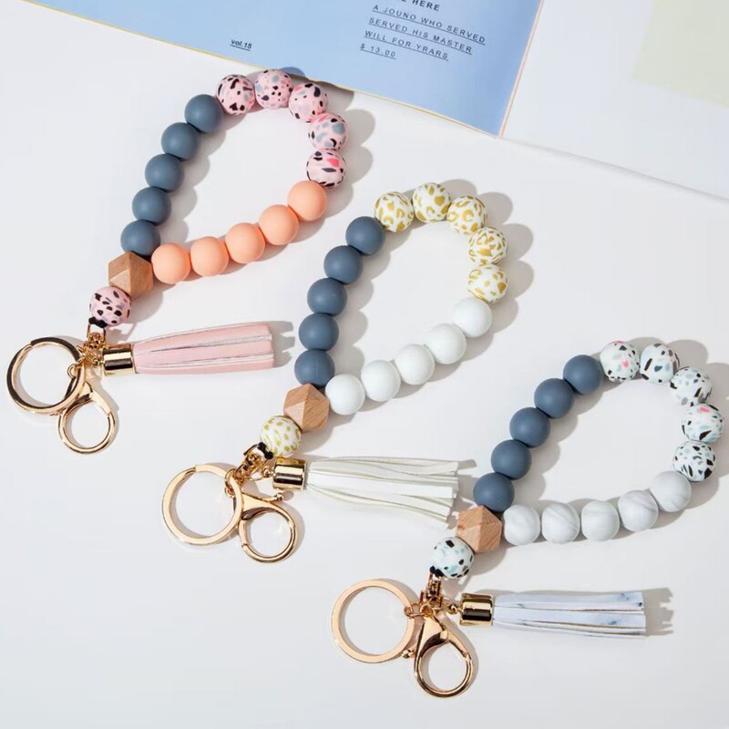 Cross-Border Hot Selling Fashion Printed Silicone Bead Bracelet Keychain Leather Tassel Bag Pendant Bracelet Key Ring Buckle