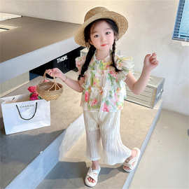 女童夏季套装儿童洋气雪纺两件套2026新款小女孩花边无袖薄款夏装
