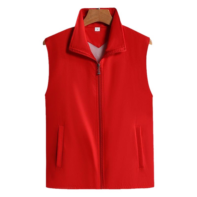 Men's Diamond-Patterned Red Vest with Custom Logo, Volunteer Double-Layer Vest, Supermarket Work Uniform with Printed Text and Turn-Down Collar