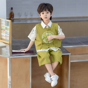 2024 Boys' Hanfu Summer Short-sleeved New National Style Three-piece Set Chinese Style New Chinese Style Improved Boys' Tang Suit Trendy