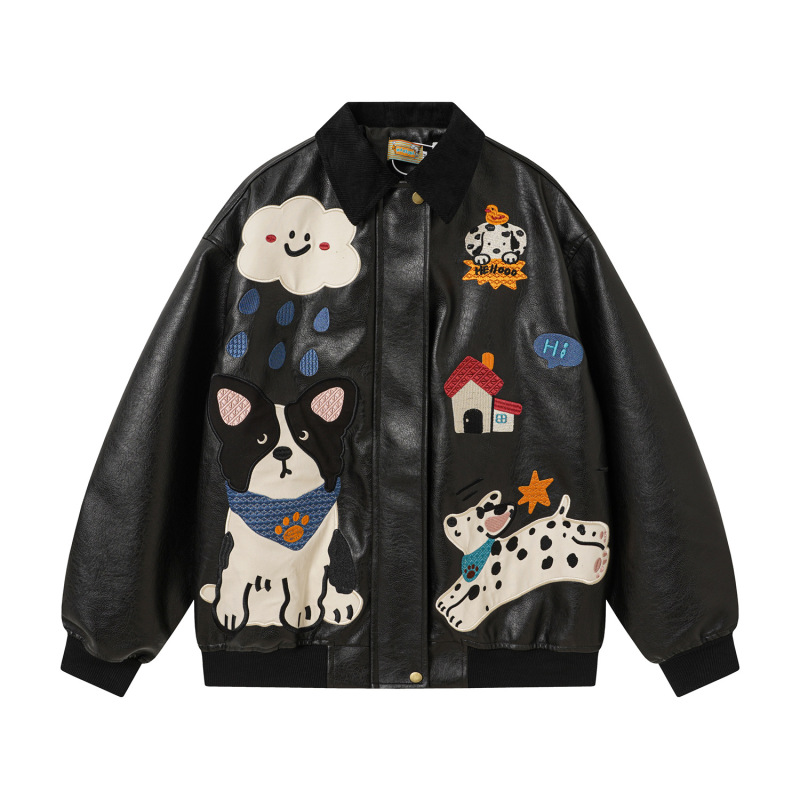 American-style retro black PU leather jacket, unisex, with cartoon dog appliqué and embroidered details, featuring a corduroy collar and a loose fit American-style retro black PU leather jacket, unisex, with cartoon dog appliqué and embroidered details, featuring a corduroy collar and a loose fit