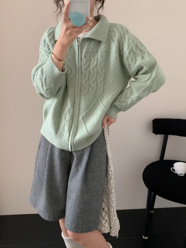 复古针织开衫女装秋冬新款跨境宽松慵懒风麻花翻领拉链毛衣外套女|undefined