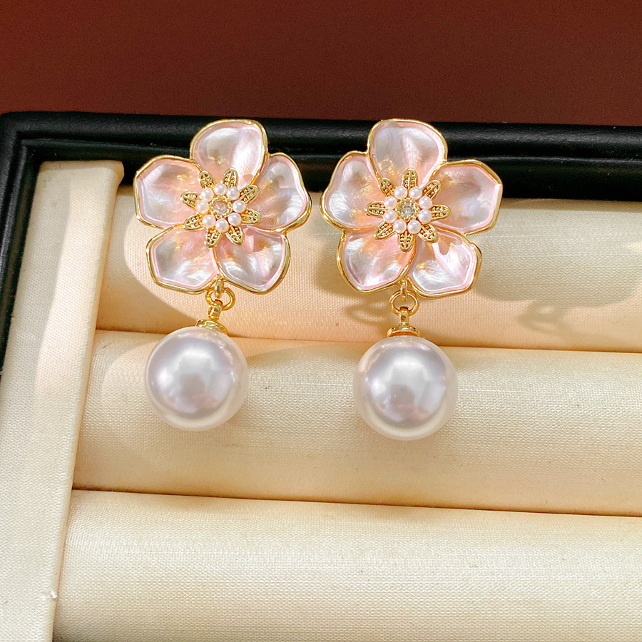 Aguja de plata zircon goteo flor perla pendientes pequeños frescos dulces accesorios de vacaciones pendientes lujosos de alta calidad pendientes