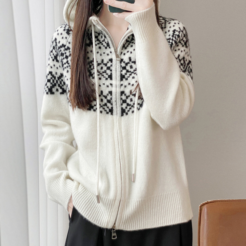 100% Wool Sweater for Women, Thickened Vintage Jacquard Knit Cardigan, Cross-Border Wholesale, Pure Wool Fair Isle Zipper Hooded 100% Wool Sweater for Women, Thickened Vintage Jacquard Knit Cardigan, Cross-Border Wholesale, Pure Wool Fair Isle Zipper Hooded