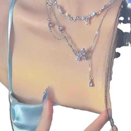 New Korean Droplet Butterfly Necklace for Women, Lightweight and Unique Cluster Chain Design, Summer Citrine Lock Chain, Fairylike