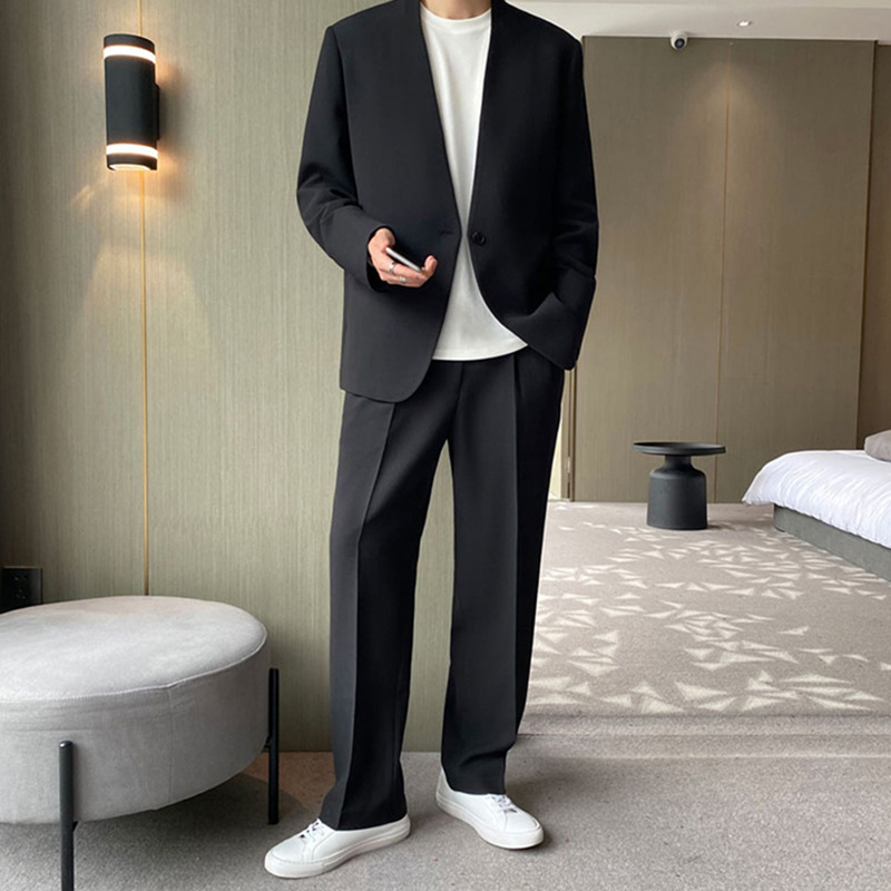 春の新作、ハンサムなノーカラーデザイン、ワンボタン、ルーズカジュアルスーツ、メンズスーツ、若者向け韓国版トレンド