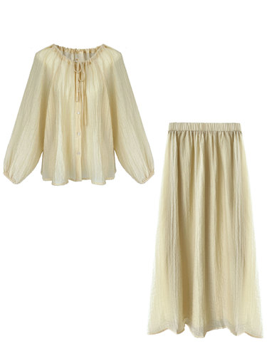 Luxe Western Gentle Drawstring Pockets Folded Sun Shirt + Skirt Set 3238 Vacation Style Outfit