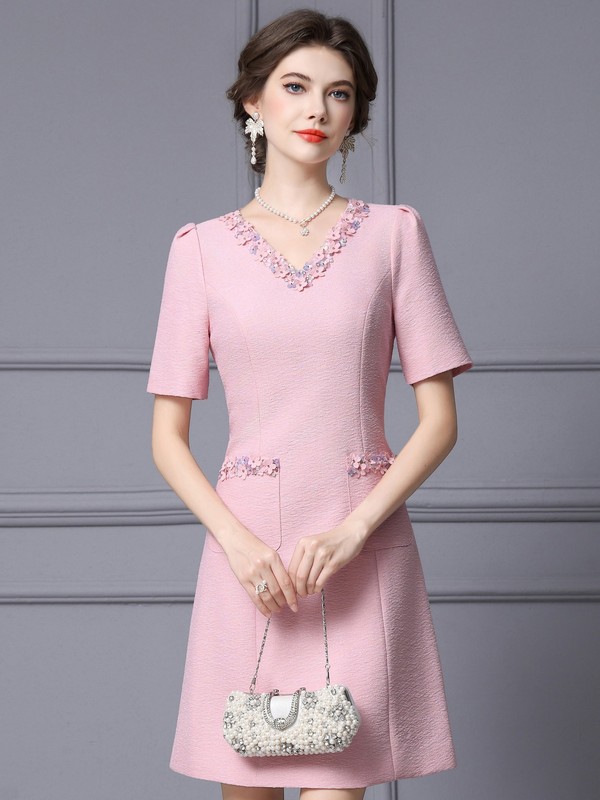 智丽法式立体花朵收腰连衣裙夏女2025新款小个子粉色钉钻A字裙子|undefined