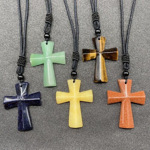 Natural Stone Christmas Gift Agate Braided Semi-Precious Cross Necklace Sweater Chain Casual Christian Gift