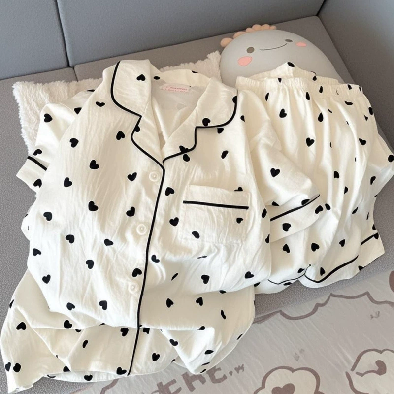 Пижамы для женщин, летние тонкие шорты из чистого хлопка с короткими рукавами, милый и милый комплект летней домашней одежды из хлопка с облаками