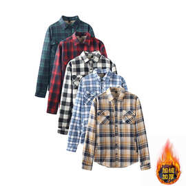 外贸秋冬季亚马逊爆款男士新款长袖格子衬衫加绒加厚保暖男士外套
