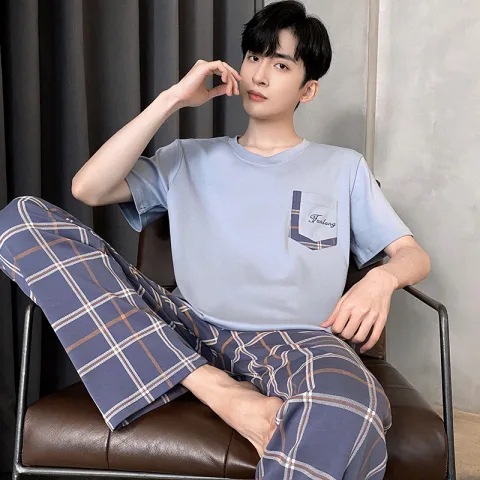 2024 new pull-frame artificial cotton pajamas men's spring and summer short-sleeved trousers pullover live broadcast men's home wear