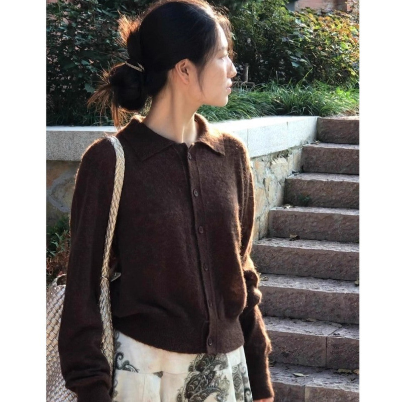 Chestnut-Colored Light High-Neck Long-Sleeve Top Brown Knit Sweater Cardigan for Women 25 Autumn