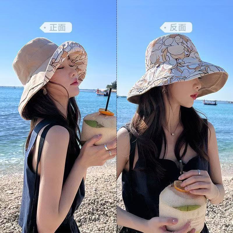 女性用両面フィッシャーマンハット、夏の韓国版、多用途の大きなつばの日焼け止めサンハット、顔を覆うUV保護サンハット|undefined