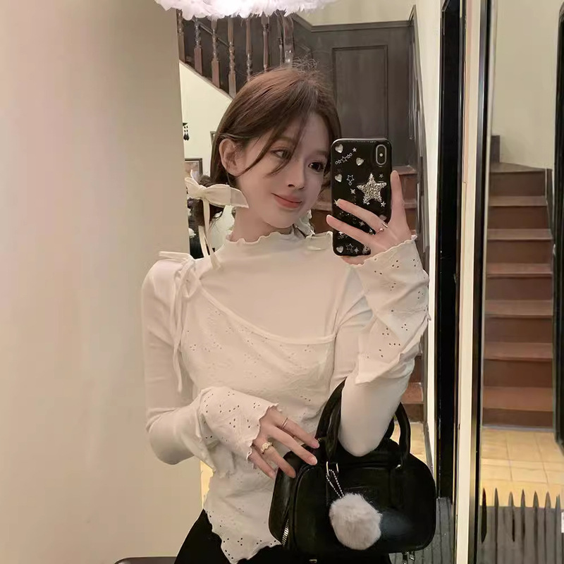 Stitching Fake Two-Piece White Long-Sleeved T-Shirt Women's Spring and Autumn Slim-Fit Base Shirt Irregular Short Top