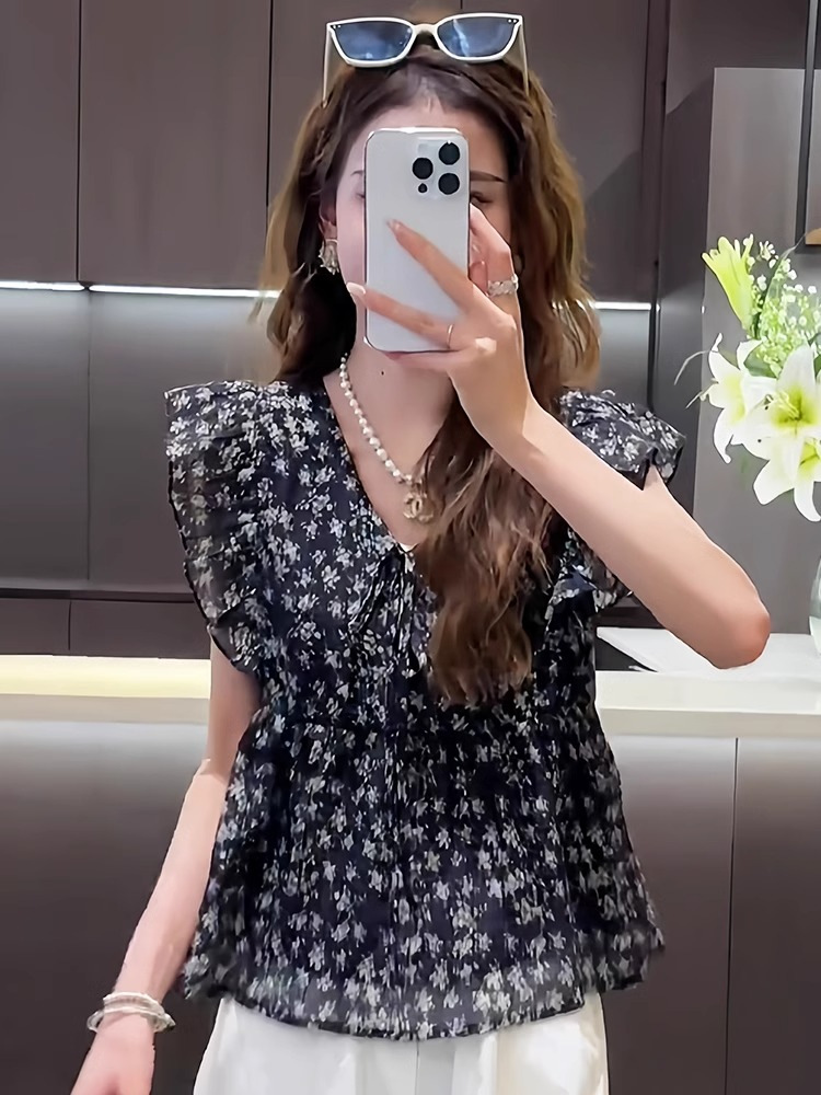 Áo hai dây nữ tay bèo họa tiết hoa nhí chất voan kiểu Pháp — Màu xanh lam nhạt chi tiết 2