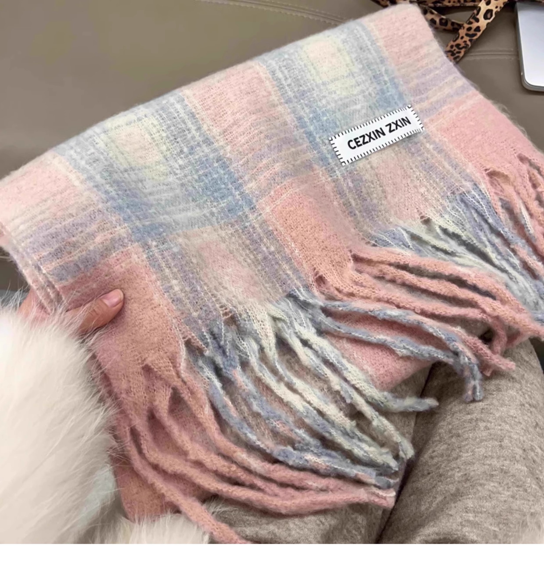 Bufanda a cuadros gris rosa para mujer chal suave y cálido_voghion.com