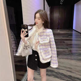 千鸟格水貂毛外套女秋冬季格纹小香风紫罗兰名媛加厚夹棉毛呢棉服