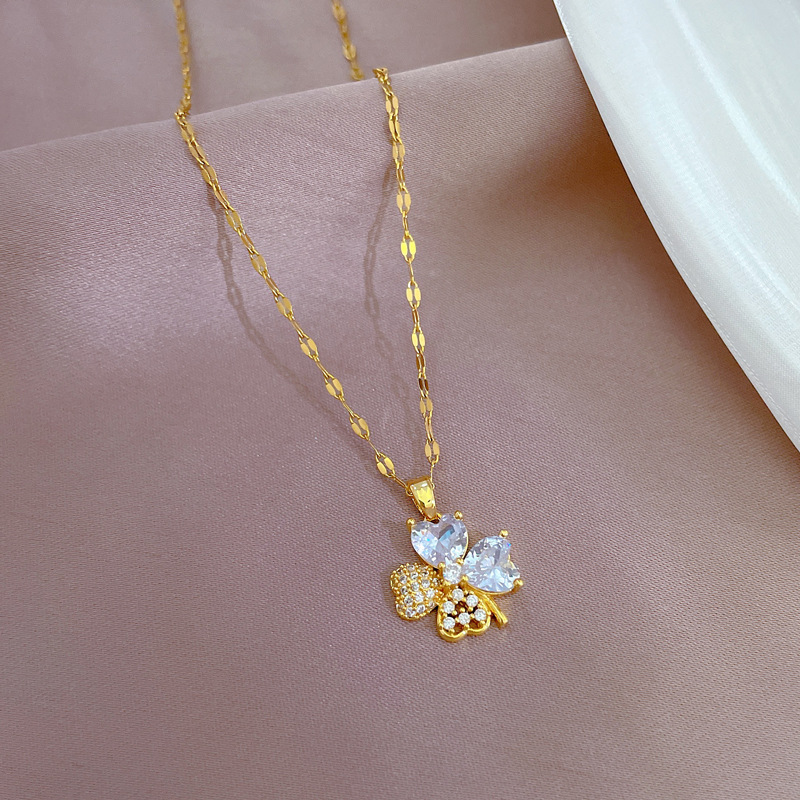 【钛钢】四叶满钻项链耳环套装轻奢微镶个性气质宴会耳饰项饰组合详情5