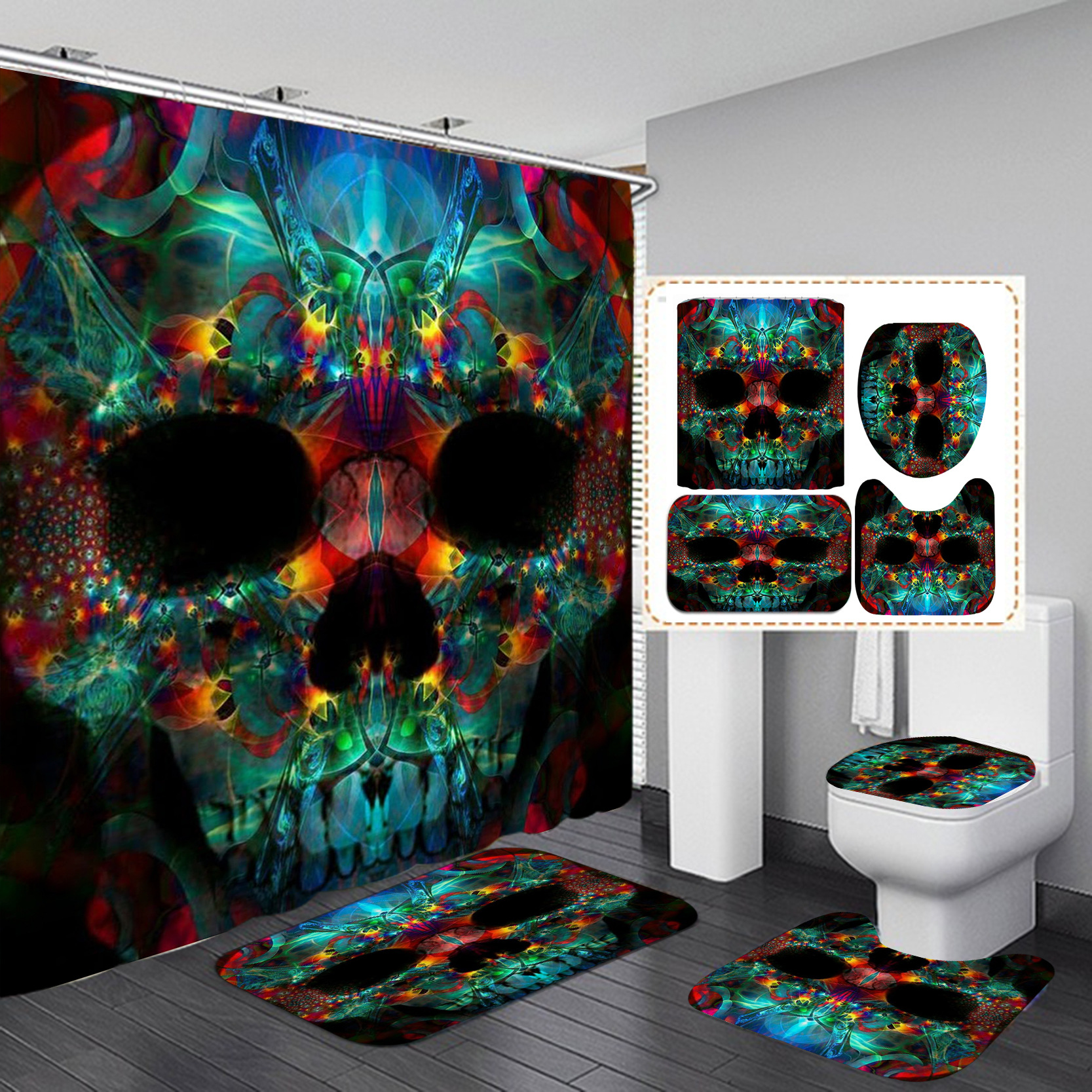 Amazon e-commerce Venta caliente 3D impresión digital de poliéster Cortina de ducha de Halloween de cuatro piezas conjunto de cortina de suministro directo de fábrica al por mayor