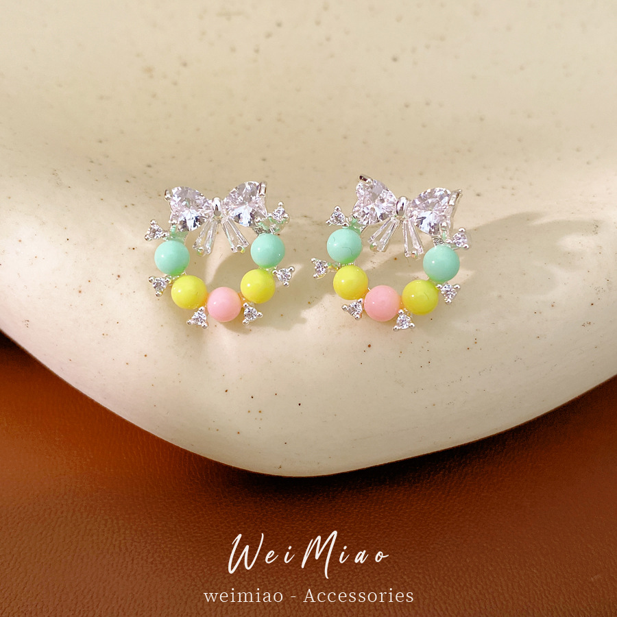 Agujas de plata de arco de piedra de arco de resina de aretes redondos de moda de estilo dulce pendientes personales de lujo ligero de alta calidad pendientes image 4