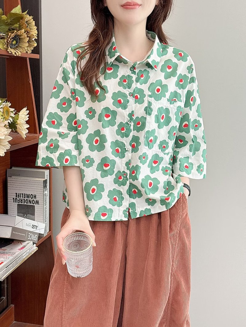 韩版新款 宽松大版女士开衫 印花朵花短袖衬衫上衣批发