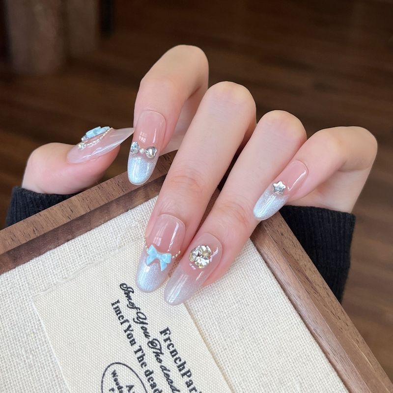 Purely Handmade Wearable Nails, Medium Oval Light Blue French Cat Eye Manicure Patches, Handmade Nails, High Quality Manicure Patches Purely Handmade Wearable Nails, Medium Oval Light Blue French Cat Eye Manicure Patches, Handmade Nails, High Quality Manicure Patches