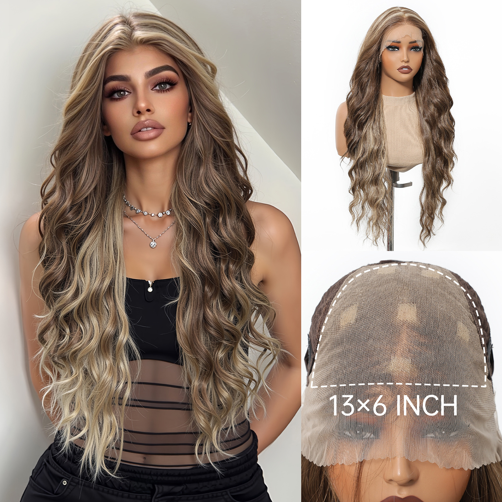 Peluca de encaje Futura de gran tamaño 13*6 para mujer, cabello largo y rizado en degradado marrón claro, peluca completa.