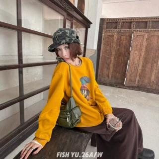 十三行FlSHYU冬季新款美式复古叠帽狗狗前后印花圆领卫衣26686-1