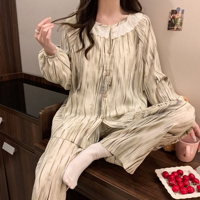 Al por mayor transfronterizo primavera y otoño nuevo algodón nubes ropa de hogar pijamas cardigans encaje conjunto casual con cojín de pecho