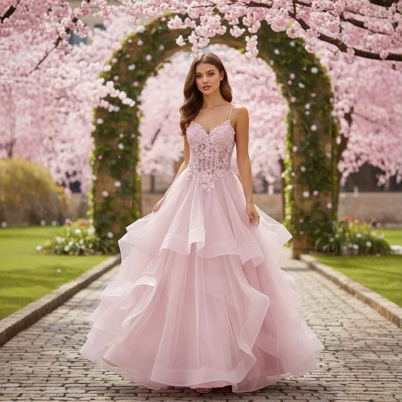 European and American V-neck strap tulle ball gown with lace appliques, long style for garden parties and photo shoots, foreign trade supply European and American V-neck strap tulle ball gown with lace appliques, long style for garden parties and photo shoots, foreign trade supply