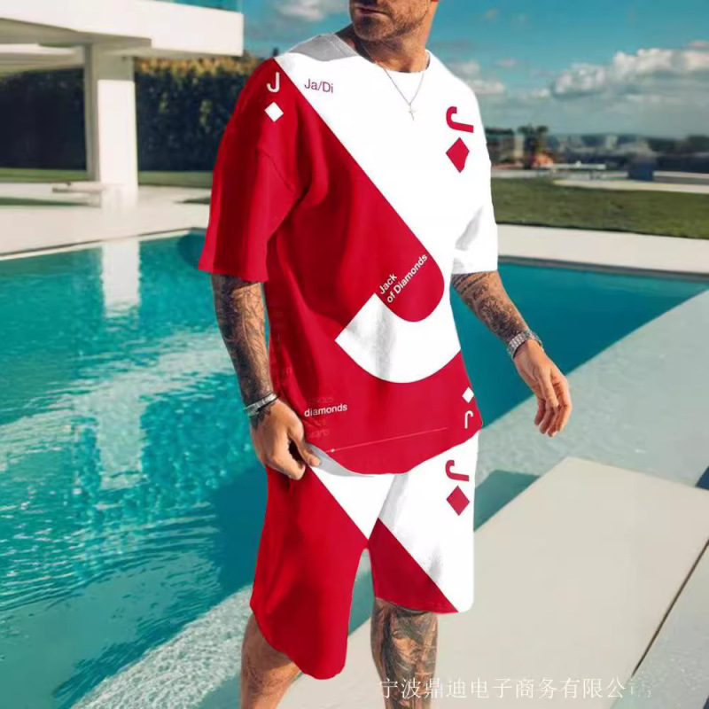 2023 AliExpress summer European and American 3D men's suit digital printing short sleeve shorts fashion sports two-piece set