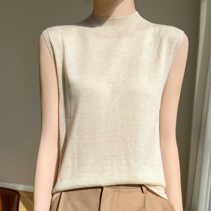 French Style Elegant Half-high Collar Worsted Wool Sweater Women's Sleeveless Pullover First-line Refined Solid Color Base Vest