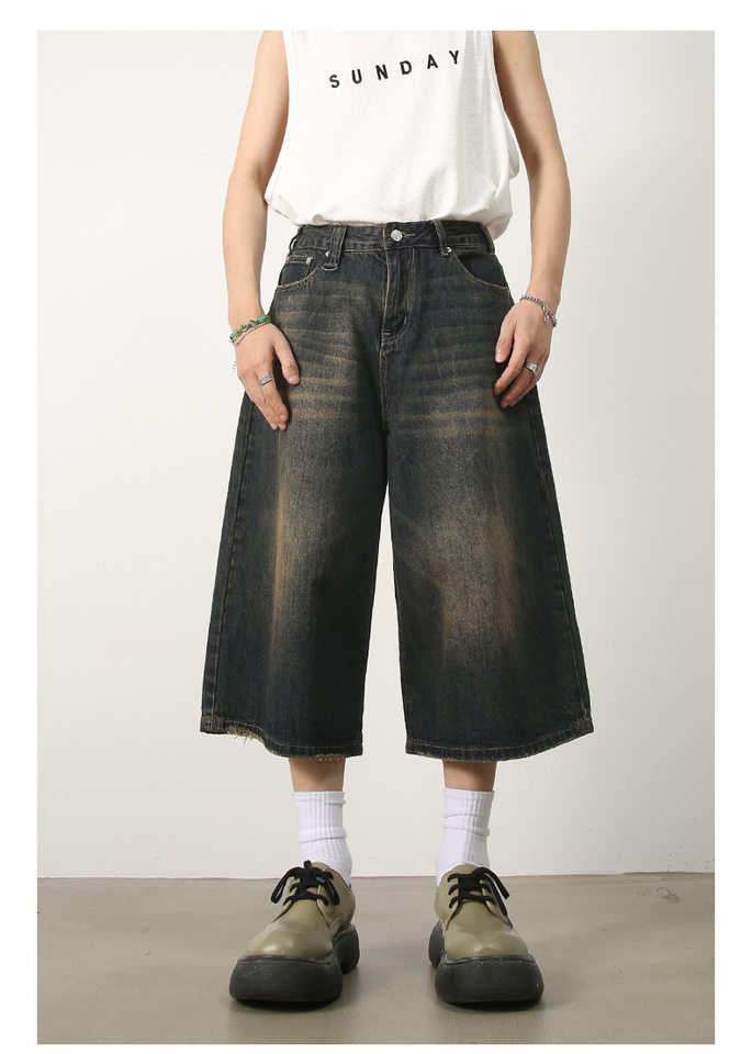 Quần short jean nữ ống rộng lửng cá tính phong cách đường phố — Làm cũ, Màu trắng, Rằn ri, Xanh lam cổ điển chi tiết 22