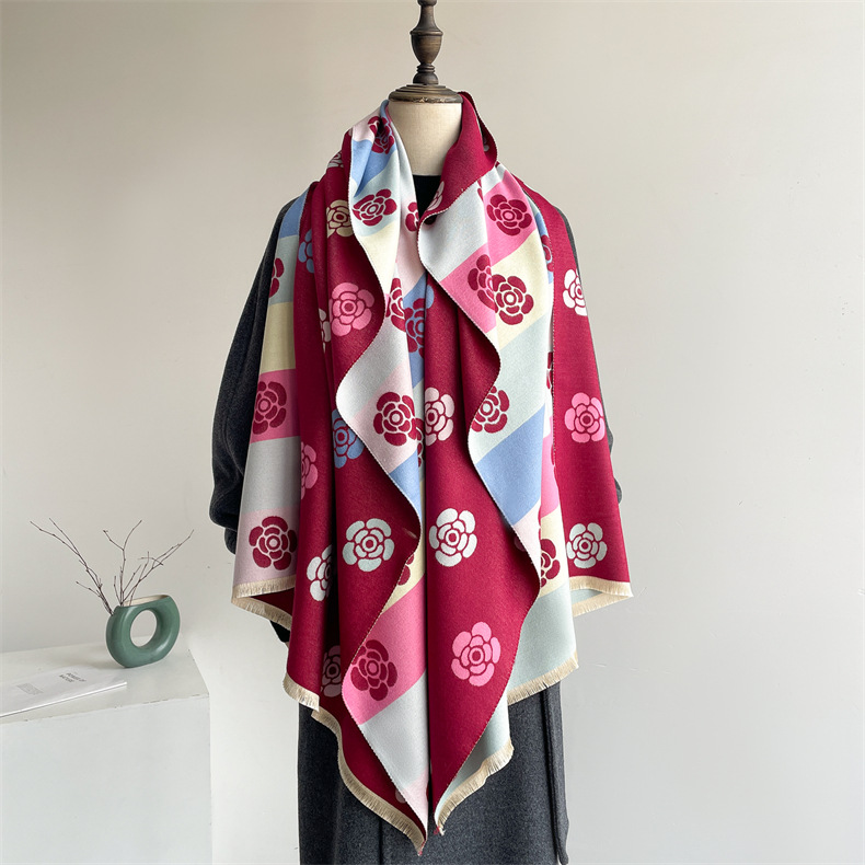 Camelia colorata per il lusso invernale femminile, dolce profumata in inverno, scialle spesso e caldo, sciarpa invecchiata_voghion.com