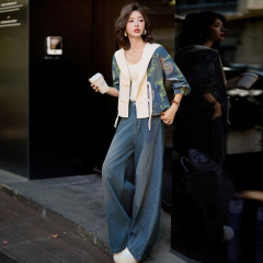 牛仔套装女秋季2025新款新中式短外套休闲时尚阔腿裤两件套XH5896