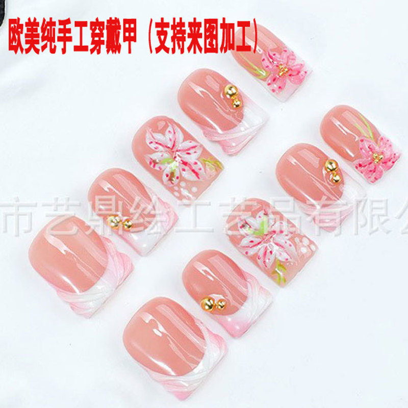 Purely Handmade Hand-Painted European and American Cross-Border Wearable Nail Art Wholesale French Pink and White Gradient Short Detachable Fake Nails
