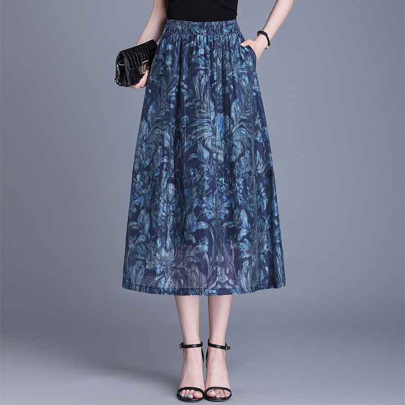 Linen Floral Skirt for Women 2025 Summer Printed A-Line Skirt Mid-Length Light Iris Retro Pleated Skirt