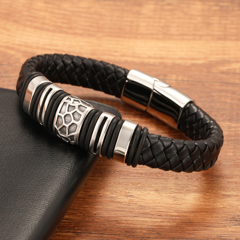Punk Vintage Braided Stainless Steel Charm Men's Black Leather Bracelet Jewelry Holiday Gift Geometric Elements Punk Vintage Braided Stainless Steel Charm Men's Black Leather Bracelet Jewelry Holiday Gift Geometric Elements