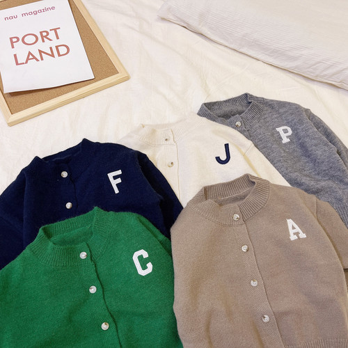 Cross-border Spring New Arrival Trend Brand Children's Alphabet Solid Color Knit Cardigan Boys' Casual Sweatshirt Outerwear