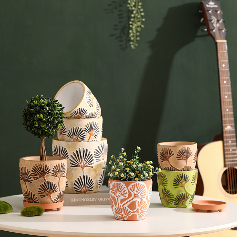 Red Pottery Carved Pukui Textured Flower Pot Nordic Plain Burned Clay Stoneware Breathable Bonsai Fleshy Green Planting Foot Tray
