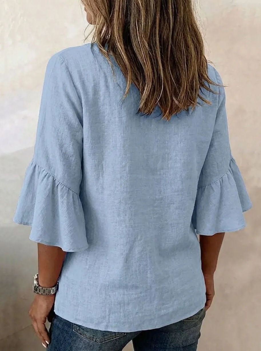 Women's Clothing Women's Solid Color V Neck Top Three Quarter Sleeve Ruffled Casual Cotton And Linen Blend For Formal & Casual For Women_ecoleips.com
